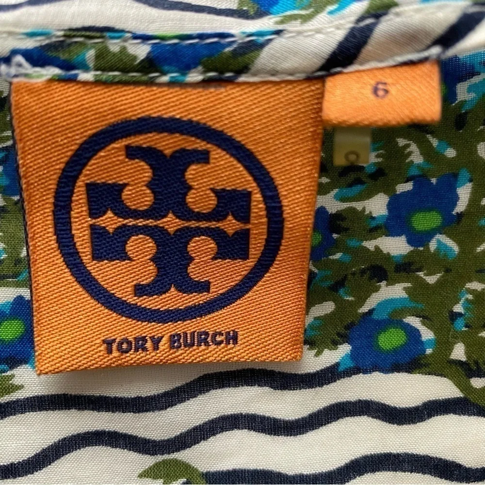 Tory Burch Top white Green Flora Cotton Scoop Neck Keyhole Tunic Elastic waist 6